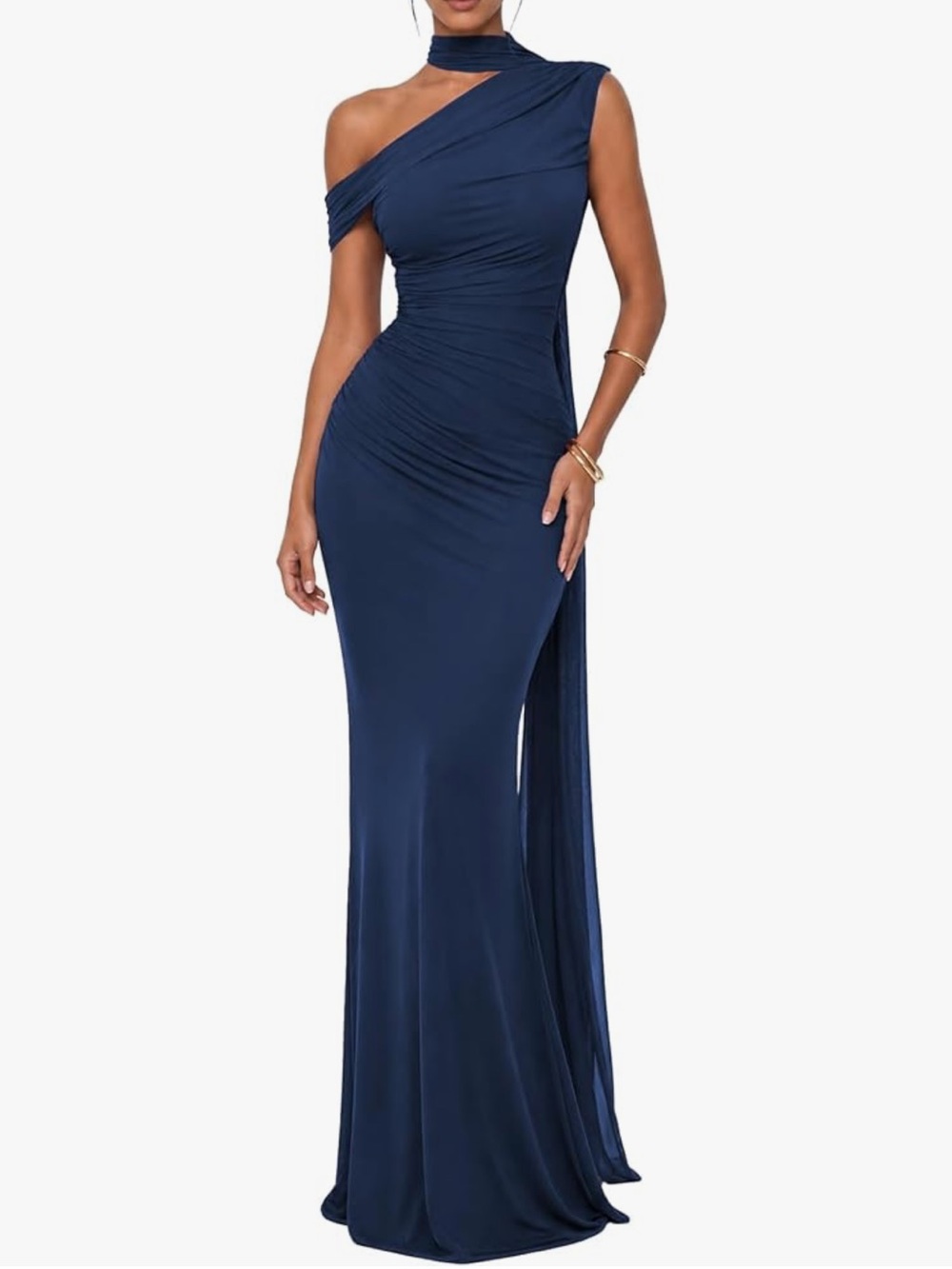 One-Shoulder Navy Evening Gown
